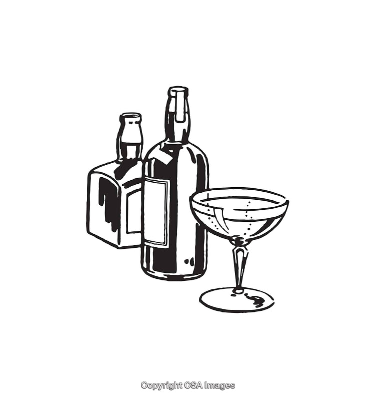 Sketch of Bottles and a Glass in Black and White Line Art