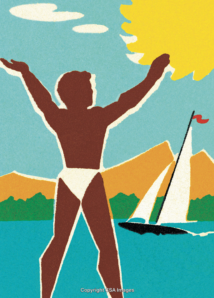 Retro Style Illustration of a Sailboat Near a Strong Person by a Lake
