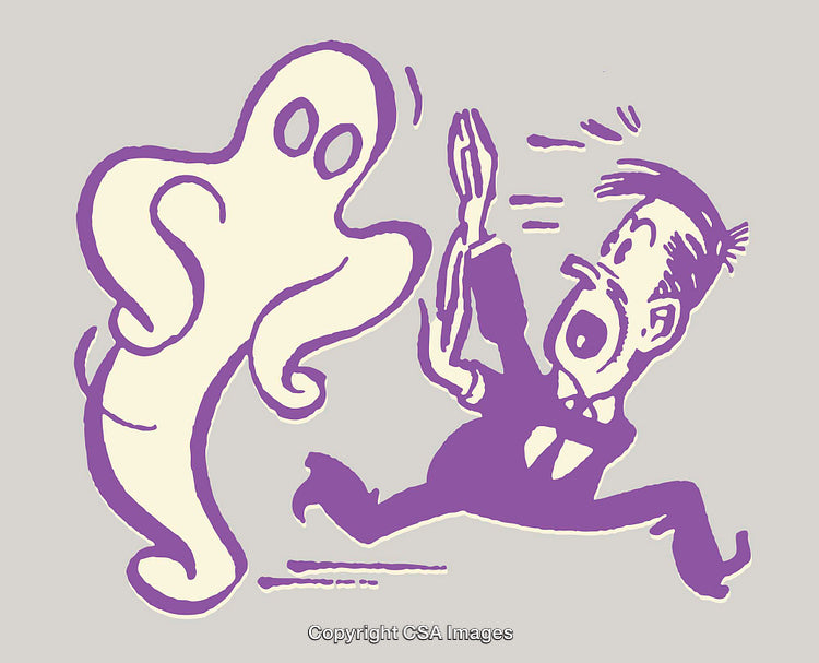 Illustration of a Man Frightened by a Ghost in Cartoon Style