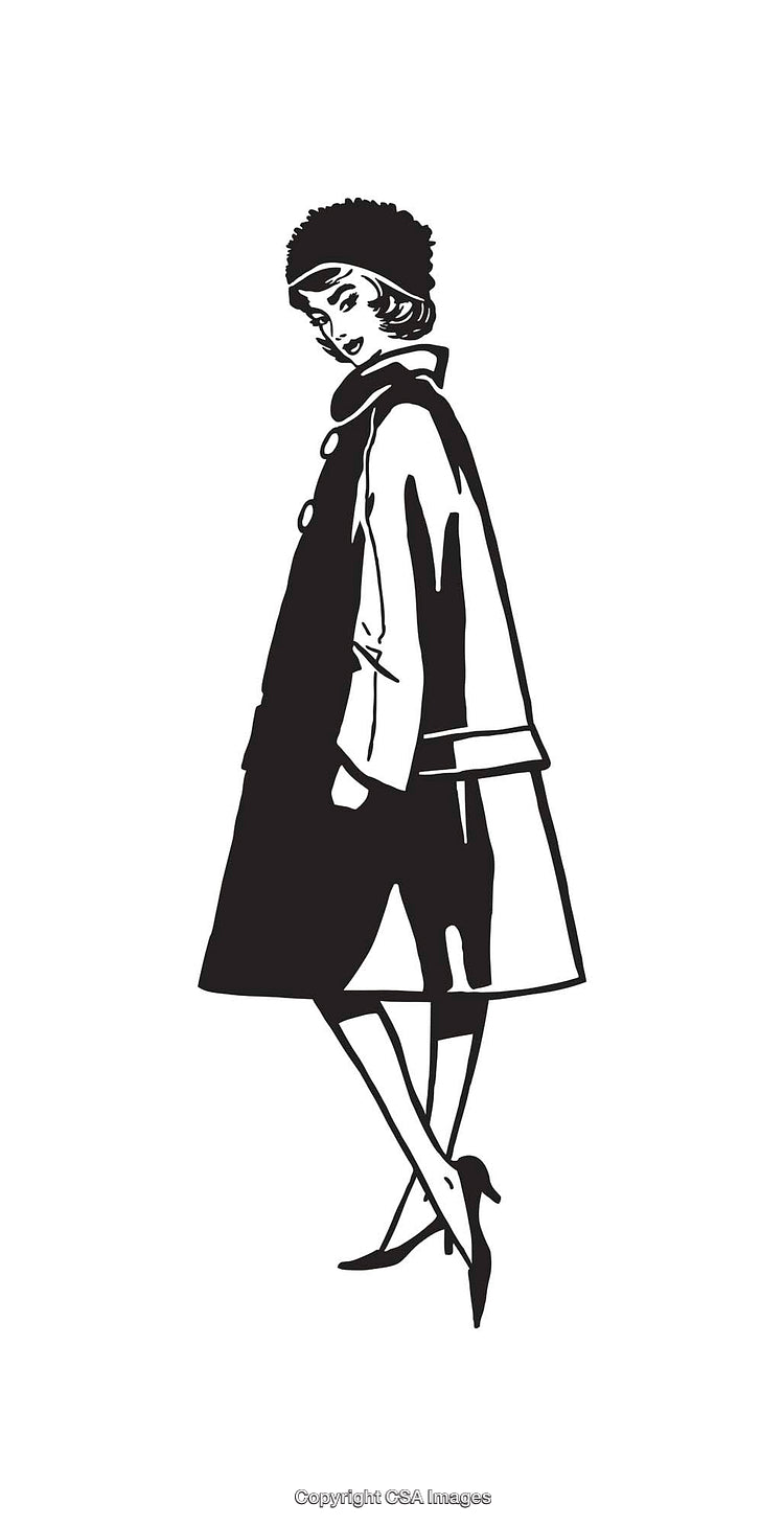 Elegant Black and White Illustration of a Fashionable Woman in Vintage Style