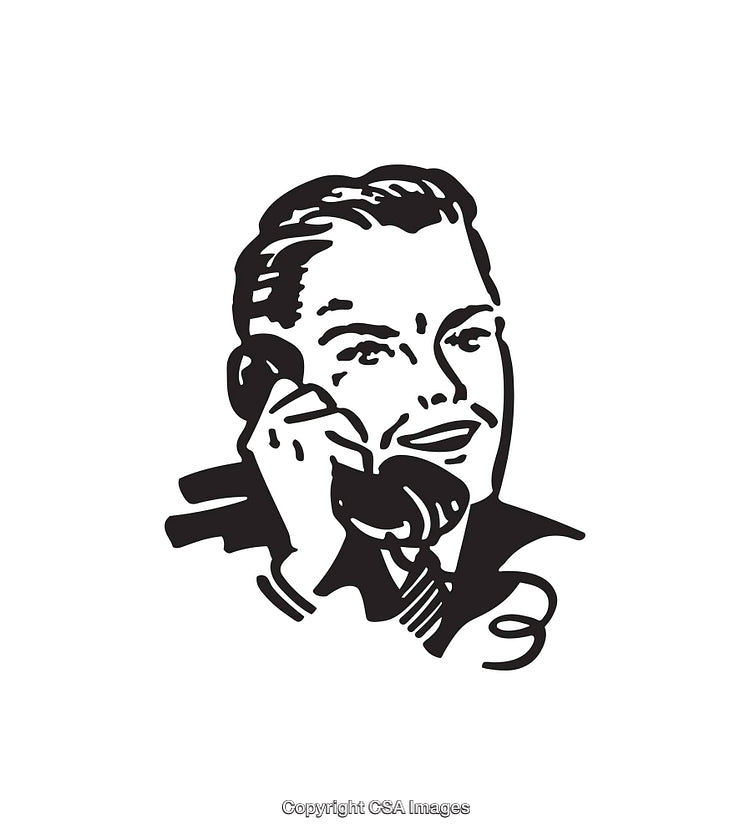 Retro Style Line Art of Smiling Man Using a Telephone