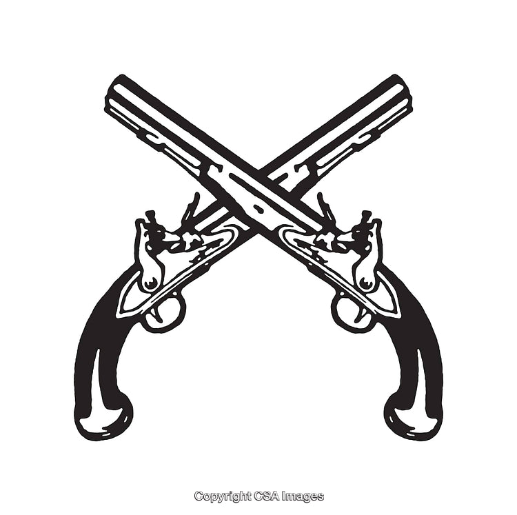 Black and White Line Art of Two Crossed Pistols in Minimalist Style