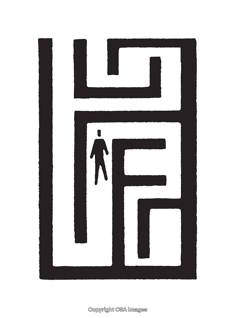 Minimalistic Black and White Maze Illustration with Human Silhouette