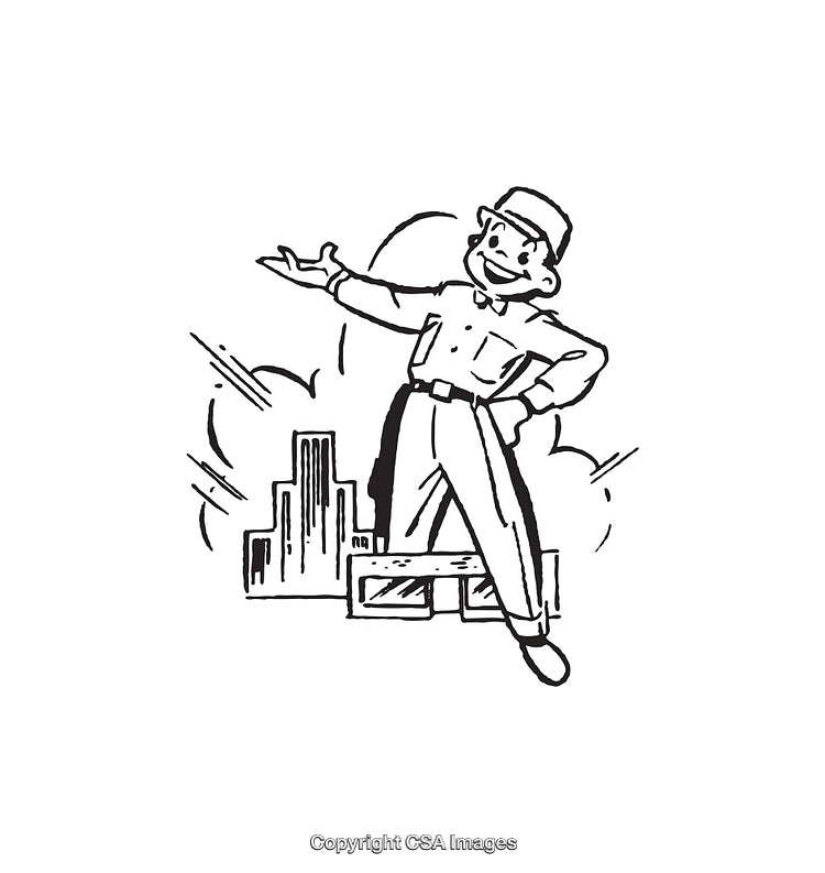 Vintage Line Art Illustration of a Worker Presenting a Cityscape Scene