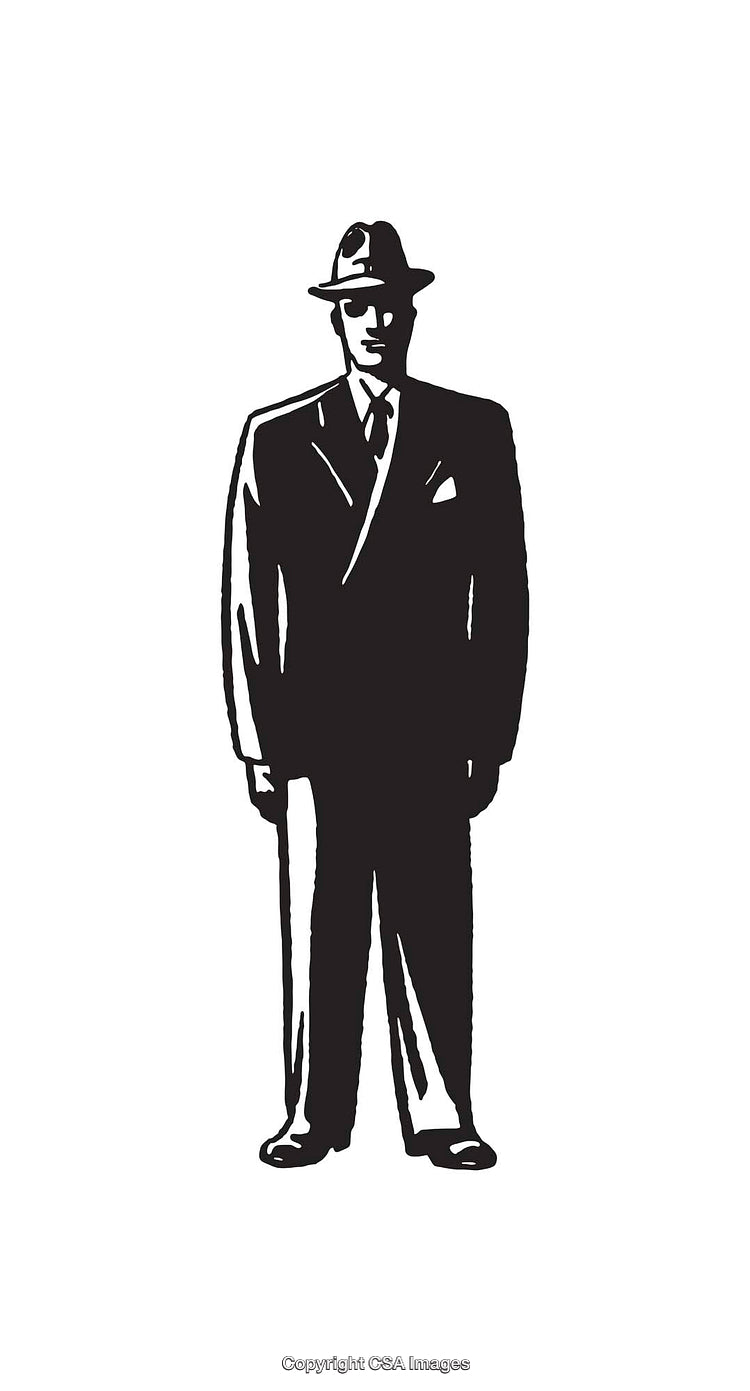 Vintage Black-and-White Illustration of a Suit-Clad Man in Line Art Style