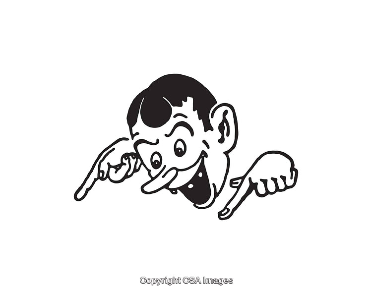 Whimsical Black-and-White Illustration of a Cheerful Character Pointing Downward
