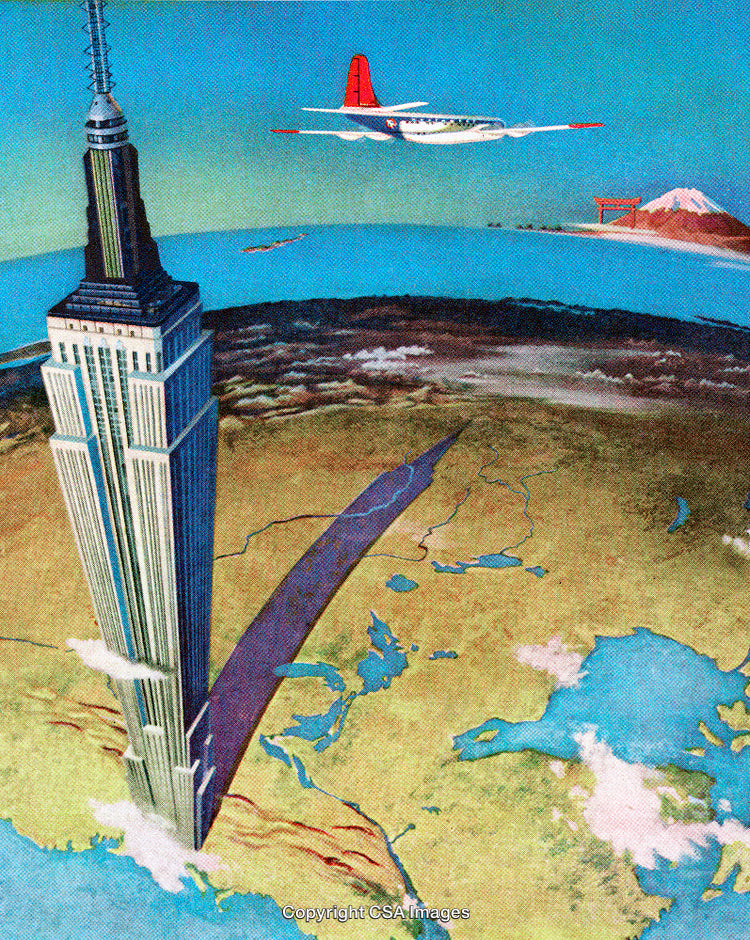 Surreal Scene With Skyscraper, Airplane, Earth View, and Distant Landmarks