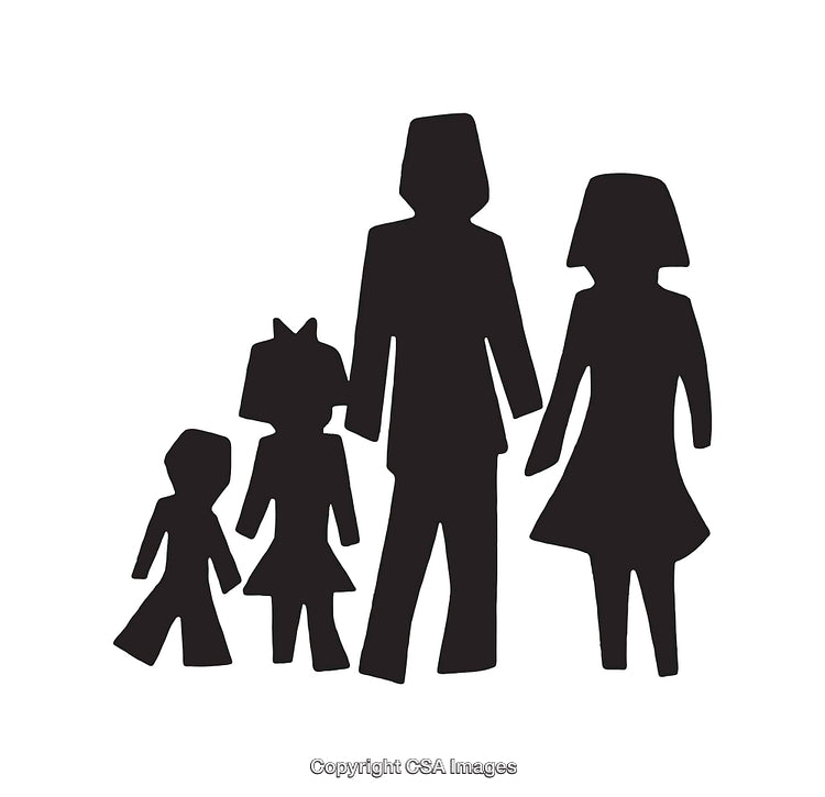 Silhouette of Four Family Members Holding Hands in Black and White