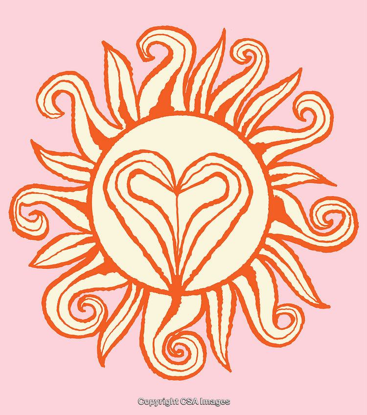 Bright and Colorful Sun with Heart-Shaped Center on Pink Background