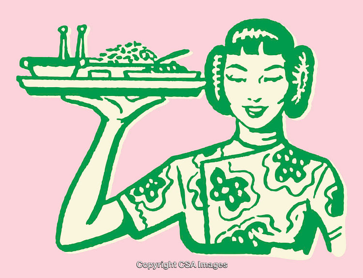 Vintage Illustration of a Woman Holding a Food Tray in Line Art Style