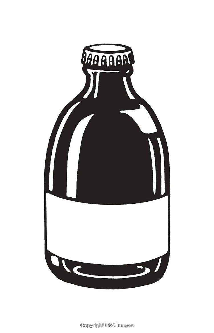 Black and White Line Art Illustration of a Bottle with Blank Label