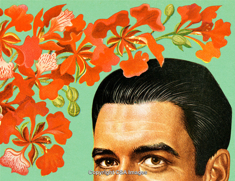 Surreal Floral Collage Featuring Vintage Portrait and Vibrant Red Blossoms