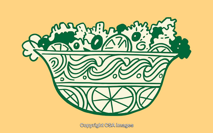 Illustrated Green Salad Dish with Decorative Bowl on Beige Background