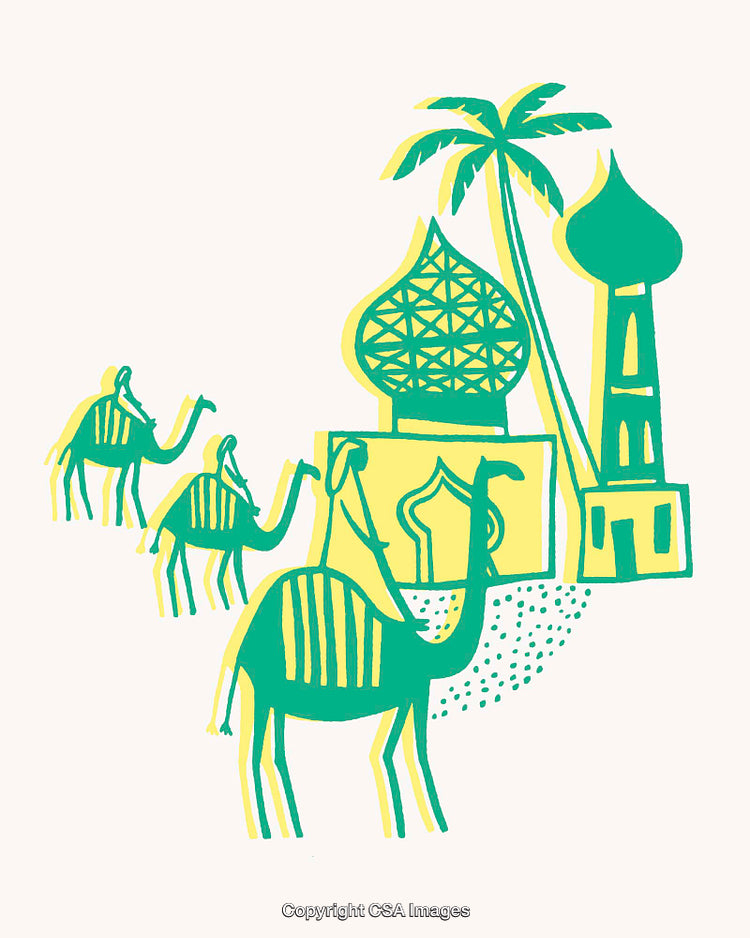 Colorful Line Art Illustration of Camels and Middle Eastern Architecture