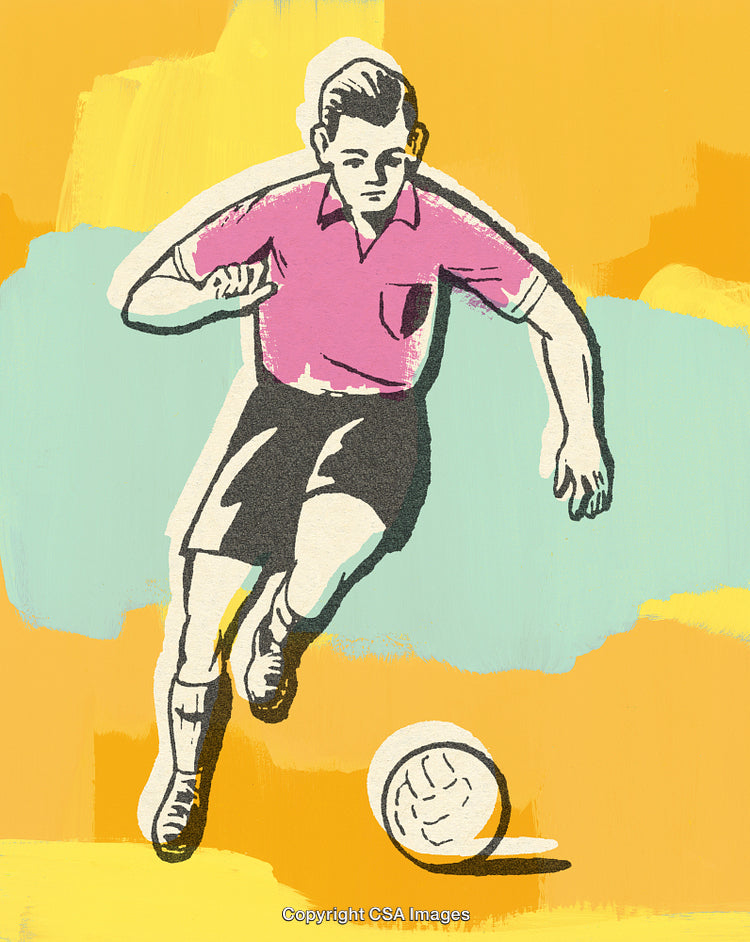 Retro-Styled Illustration of Soccer Player in Motion Against Colorful Background