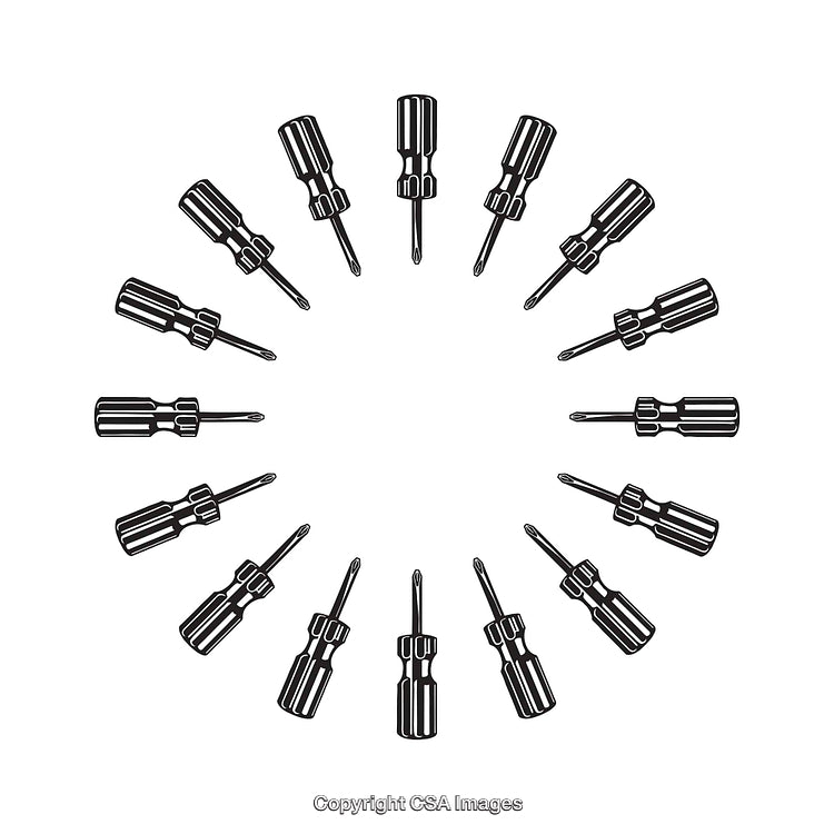 Radial Composition of Screwdrivers in Black and White Line Art Style