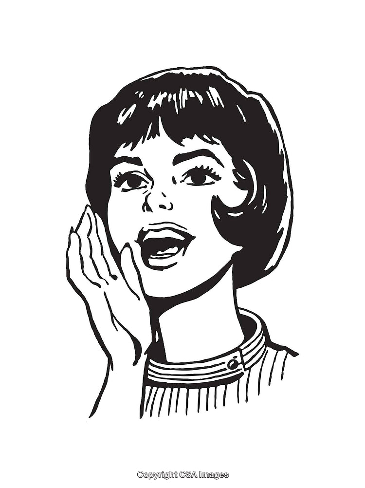 Retro Style Woman Speaking in Black and White Line Art