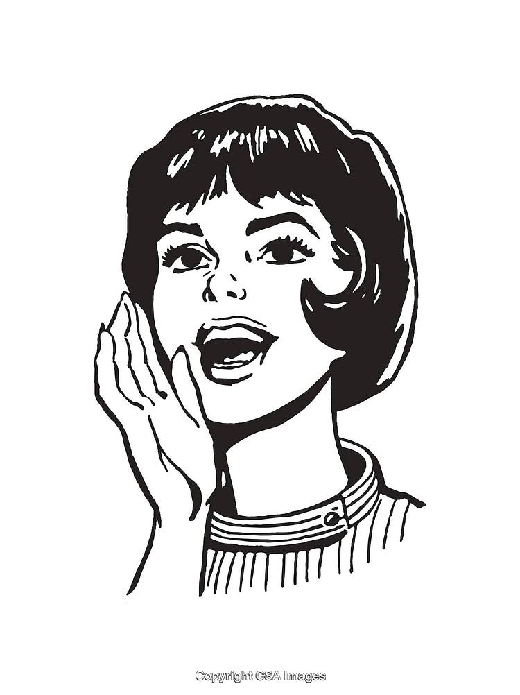 Retro Style Woman Speaking in Black and White Line Art