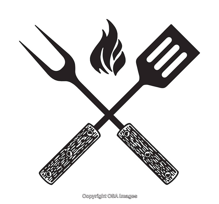 Crossed Barbecue Utensils with Flame in Black and White Illustration