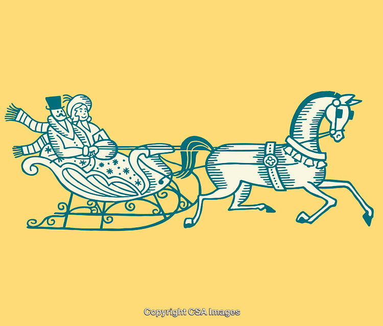 Illustration of Horse-Drawn Sleigh with Couple in Stylish Attire on Yellow Background