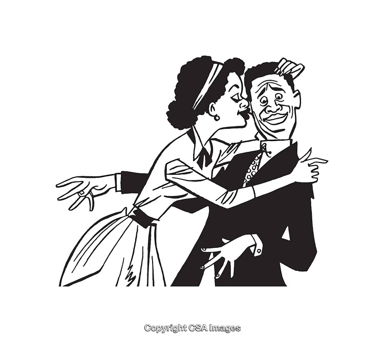Retro Black and White Illustration of Woman Surprising Man With a Kiss
