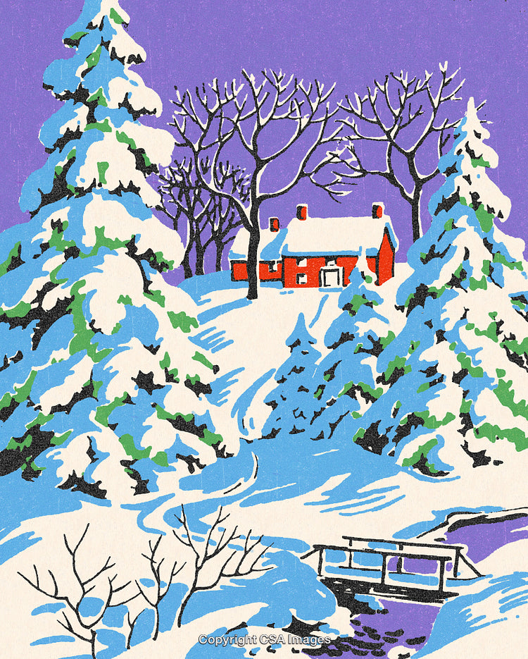 Snowy Winter Scene with Cozy Cottage and Pine Trees