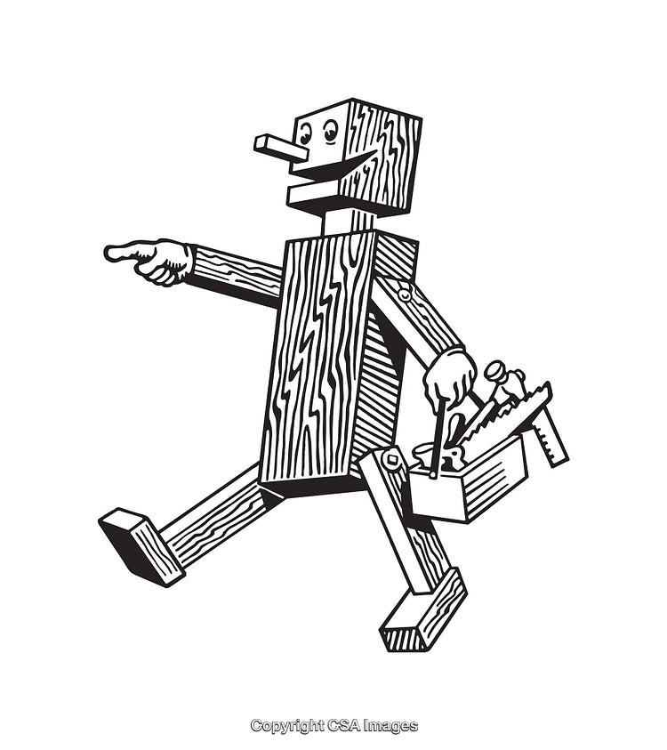 Wooden Figurine Carrying Toolbox Black And White Artwork