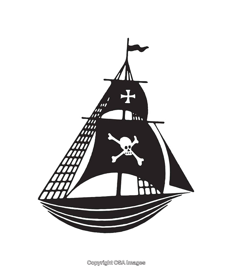 Black and White Pirate Ship With Flag and Skull and Crossbones