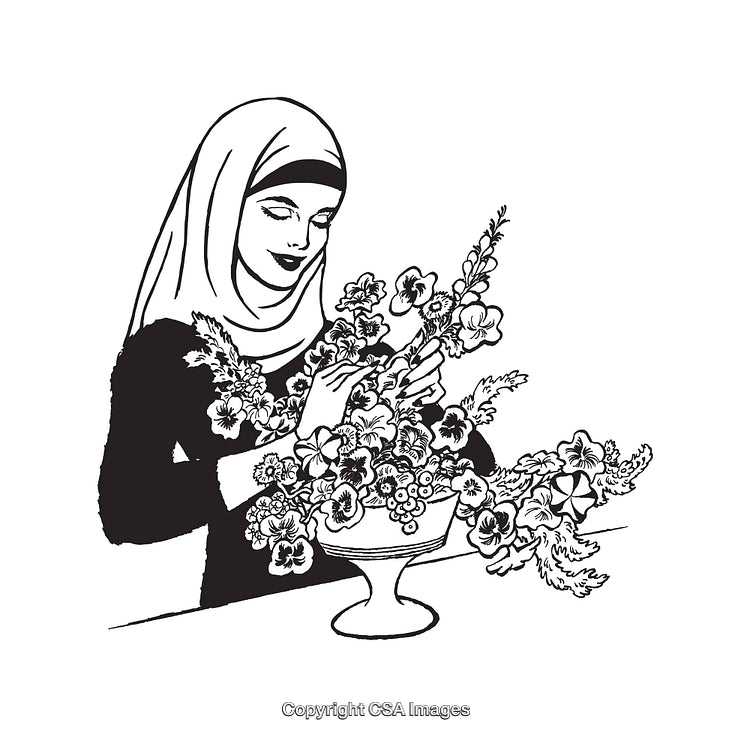 Black And White Illustration of Woman Arranging Floral Bouquet