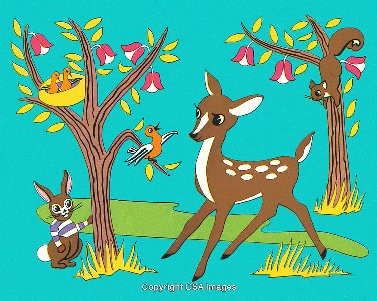 Illustrated Forest Scene Featuring Deer with Playful Animals and Nesting Birds