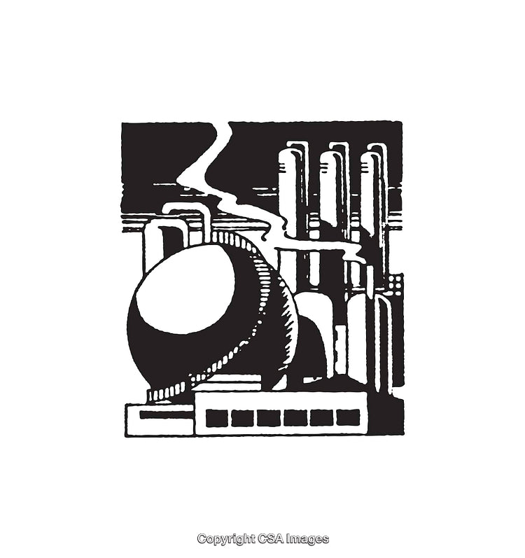 Industrial Plant Illustration With Domes and Smoke Stacks in Black Ink