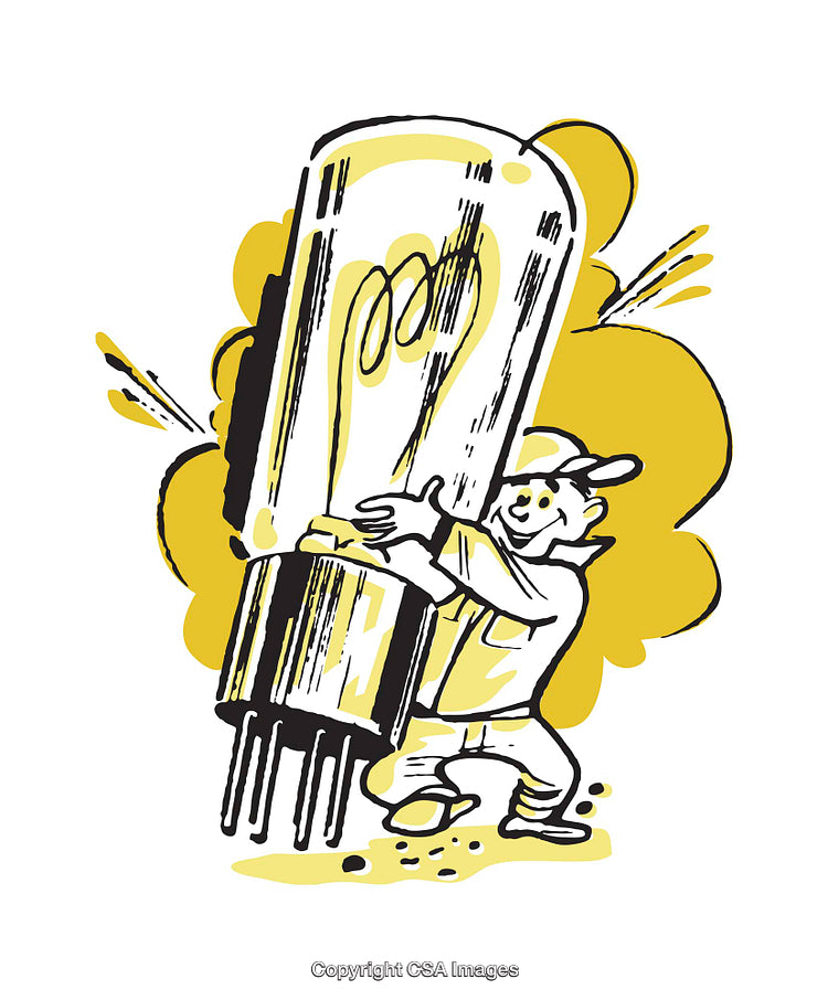 Color Illustration of Worker Carrying a Large Glowing Vacuum Tube