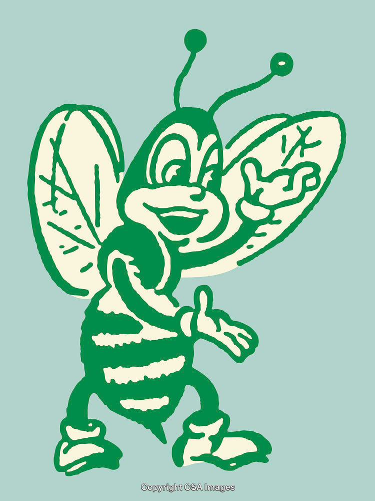 Illustration of a Cheerful Cartoony Bee in Green Tones on Light Background