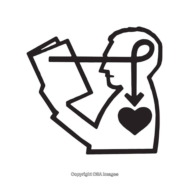Stylized Icon of Human Reading with Heart Symbol and Conceptual Elements