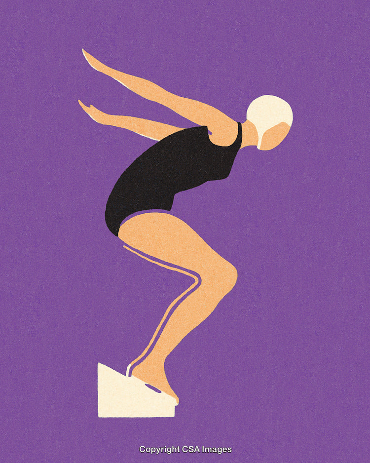 Stylized Illustration of a Swimmer Preparing to Dive on a Vibrant Background