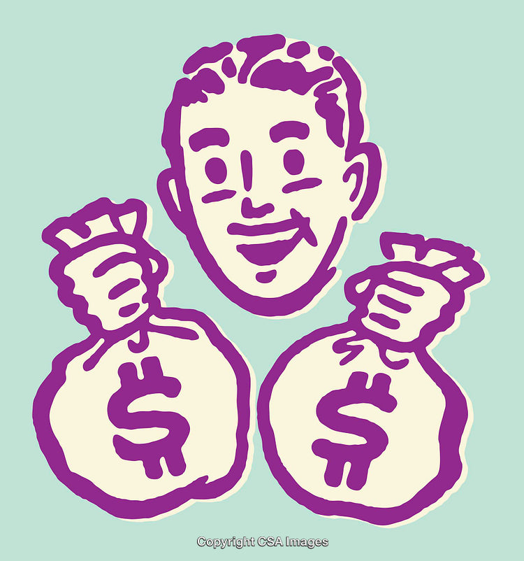 Retro Style Illustration of Character Holding Money Bags with Dollar Symbols