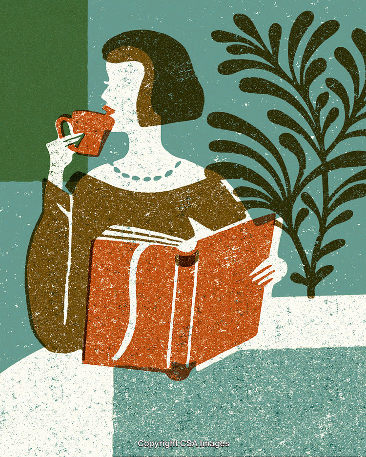 Vintage Illustration of a Woman Reading a Book and Sipping Coffee
