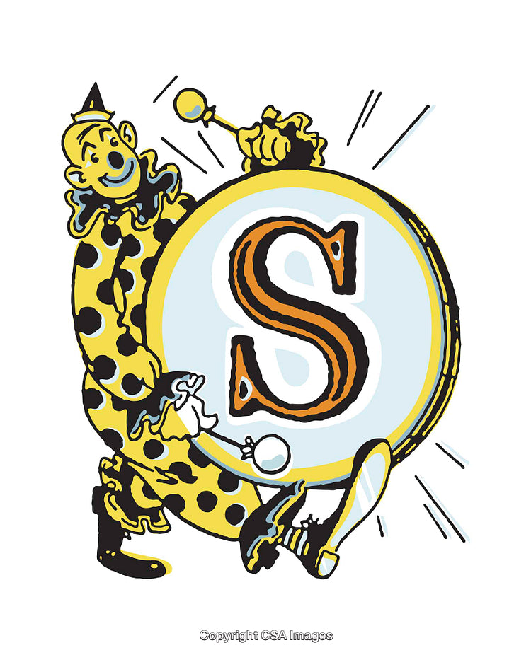 Colorful Illustration of a Clown Performing with a Large Drum and Mallet