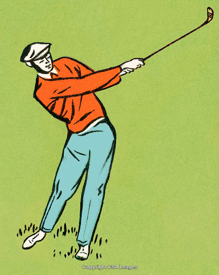 Retro Illustration of Man Playing Golf Swinging Club on a Green