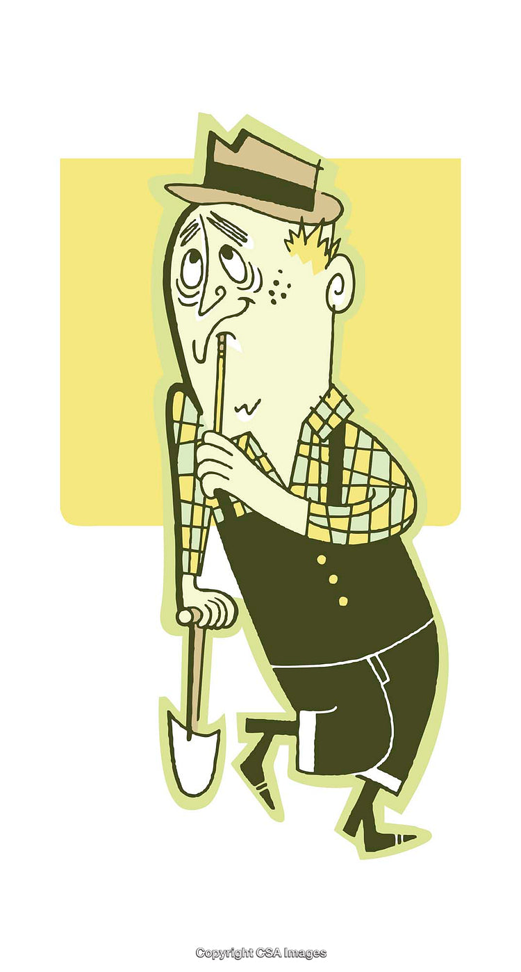Quirky Cartoon Illustration of a Pensive Man Holding a Shovel