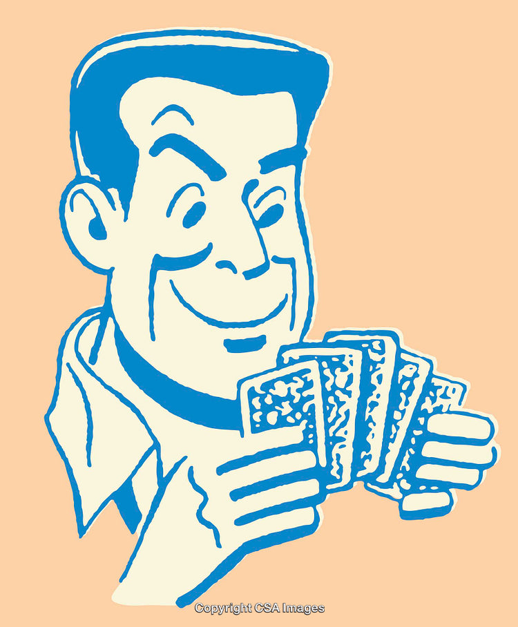 Vintage Card Player Illustration in Blue and Beige Color Scheme