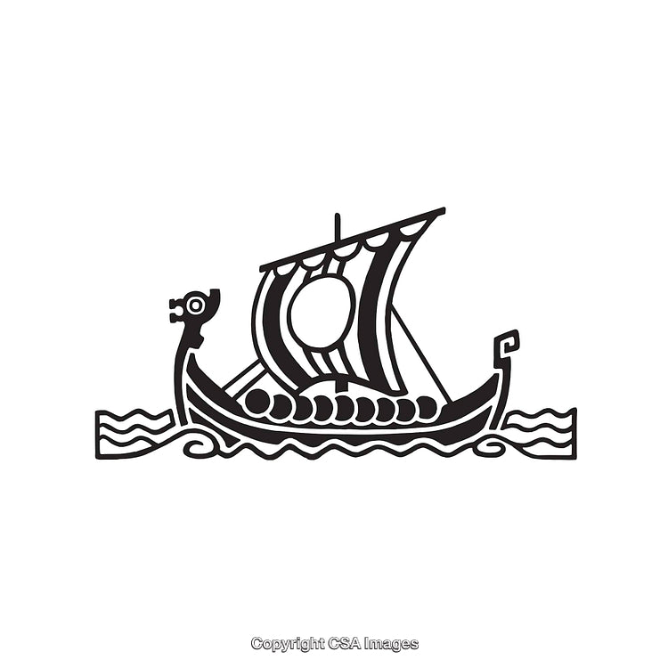 Black and White Line Art of Viking Longship With Striped Sail