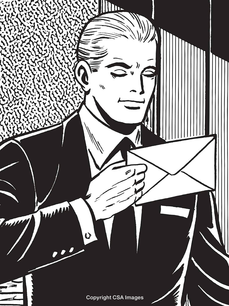Vintage Illustration of Businessman Holding Envelope in Retro Black and White Style