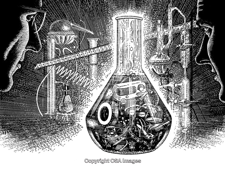 Detailed Black and White Engraving of Laboratory Experiment with Scientists Observing