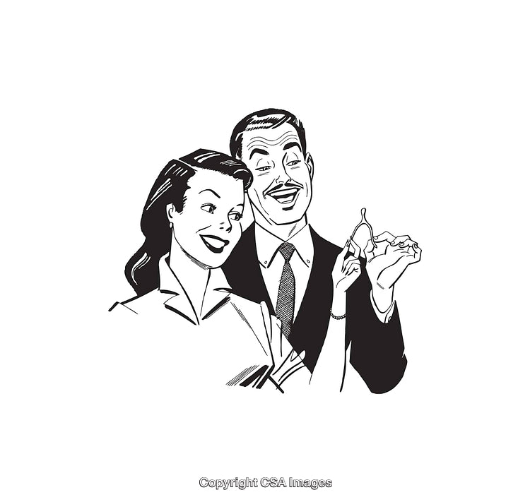 Vintage Black and White Illustration of a Smiling Couple in 1950s Style