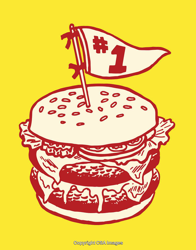 Illustrated Cheeseburger with #1 Flag on a Yellow Background