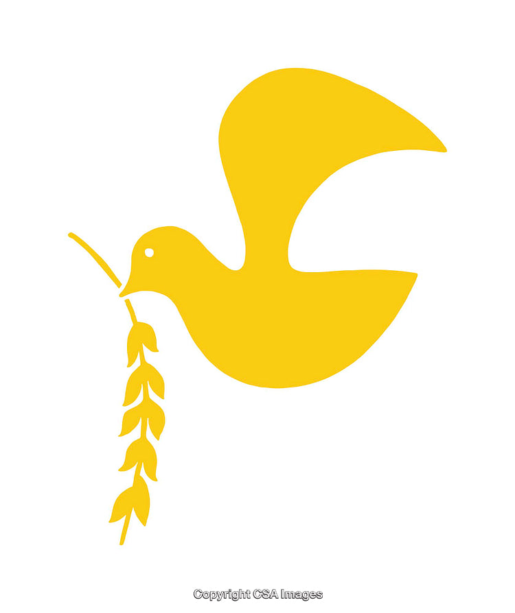 Yellow Dove Icon with Olive Branch on Clean White Background