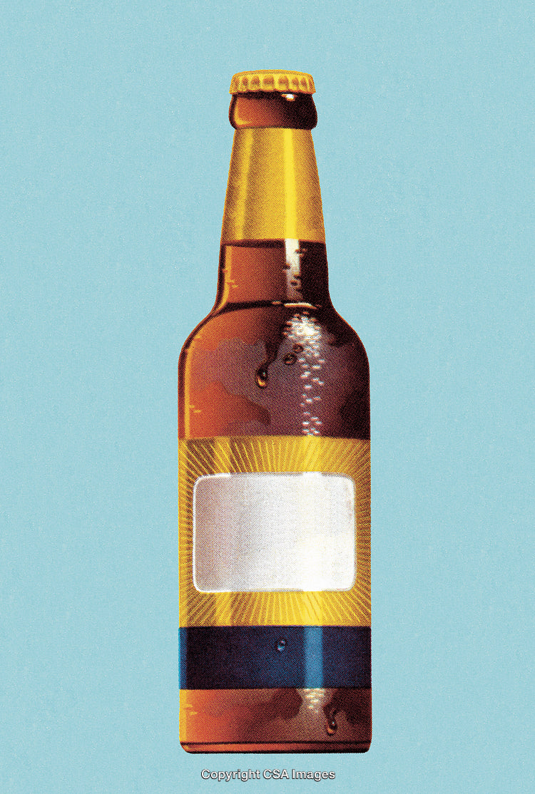 Close-Up of Brown Beer Bottle with Blank Label on Blue Background
