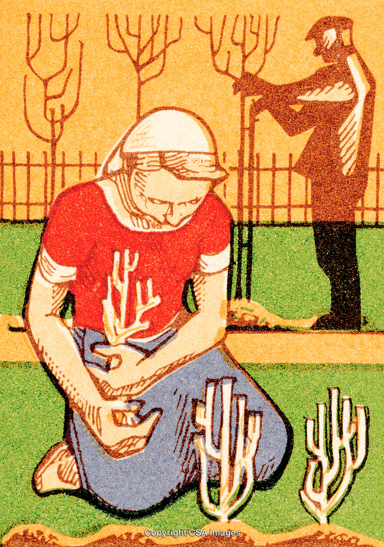 Vintage Artwork Depicting Agriculture and Gardening Scene with Two People