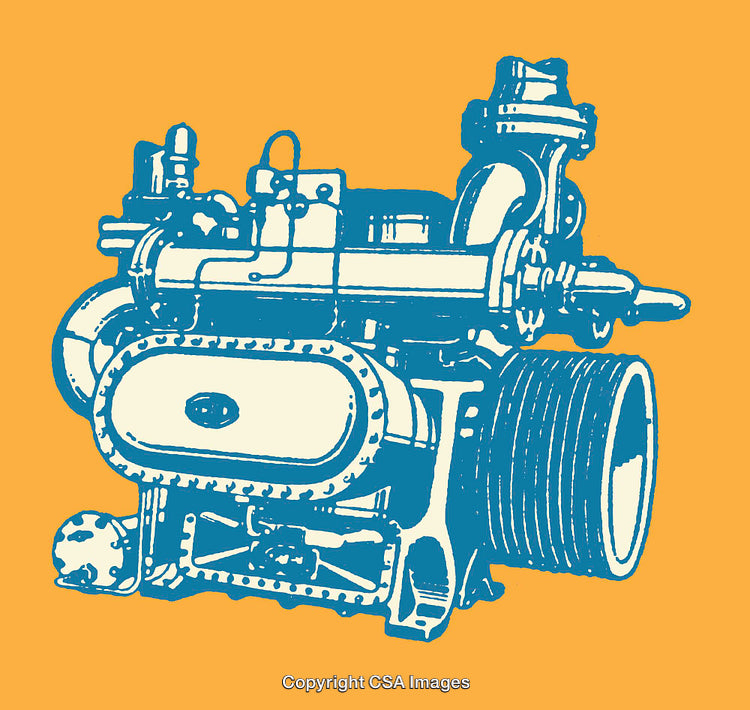 Vintage Industrial Engine Line Art on Vibrant Orange Background